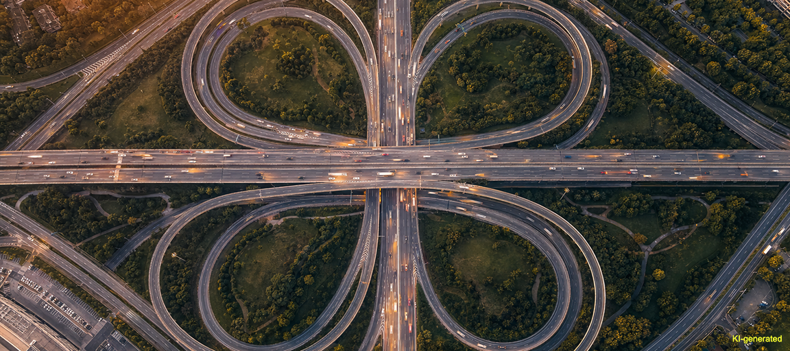 KI-generiertes Symbolbild eines Autobahnkreuzes aus der Luft in Abendstimmung