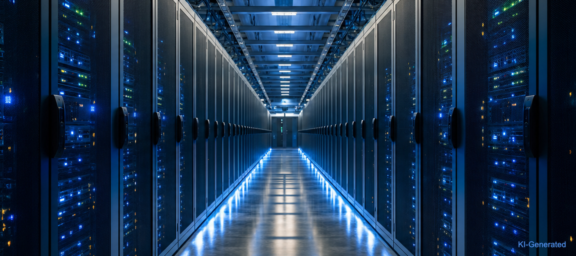 KI-generiertes Symbolbild eines Rechenzentrum-Gangs mit Server-Racks